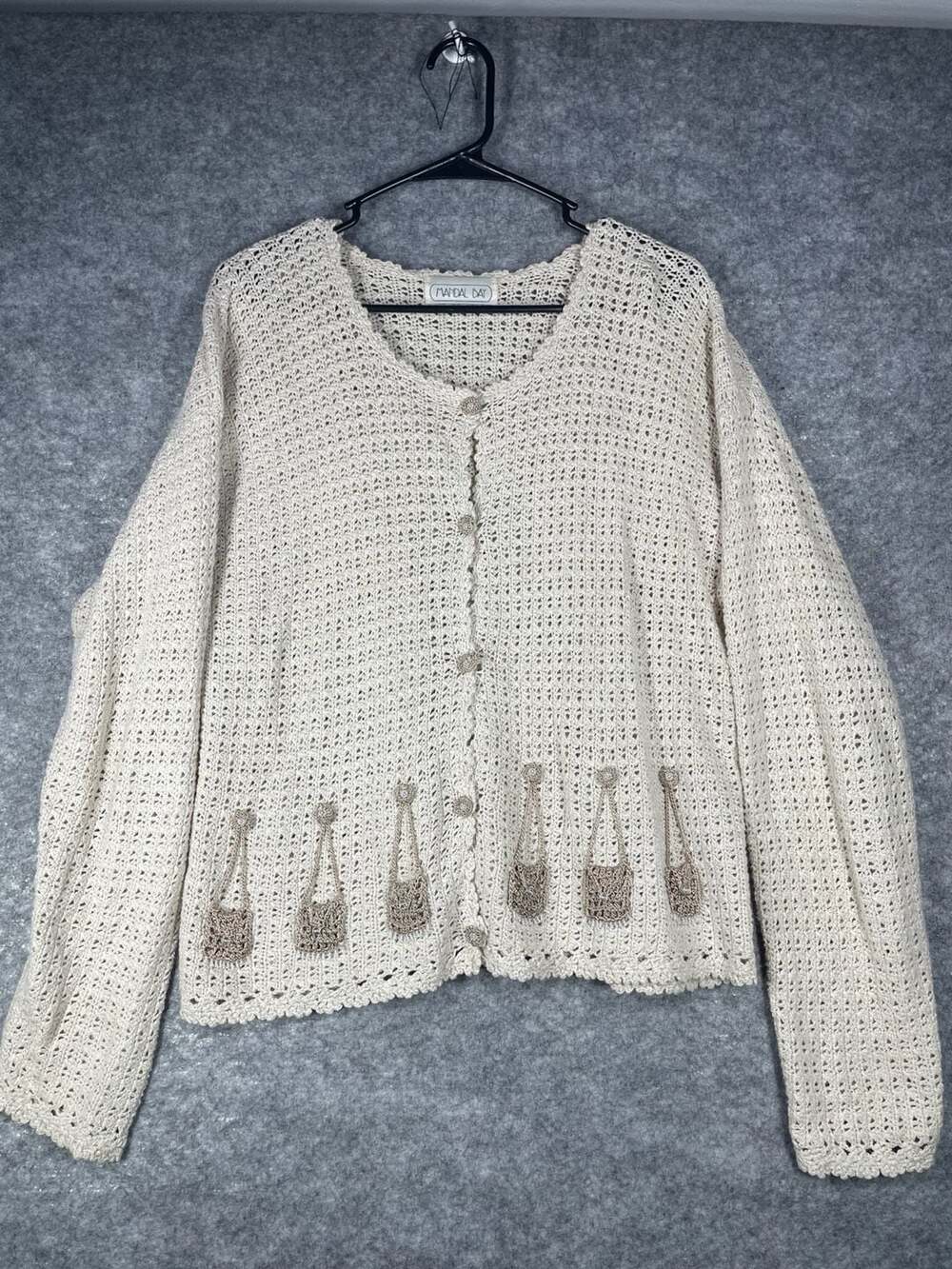 Vintage Mandal Bay Cream Crochet Knit Purse Applique Cardigan